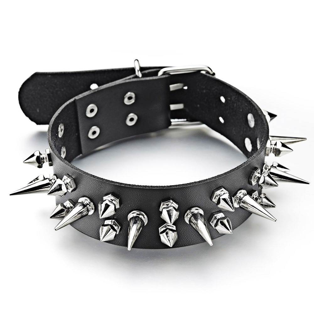 Black PU Leather Studded Choker Necklace / Spiked Gothic Collar