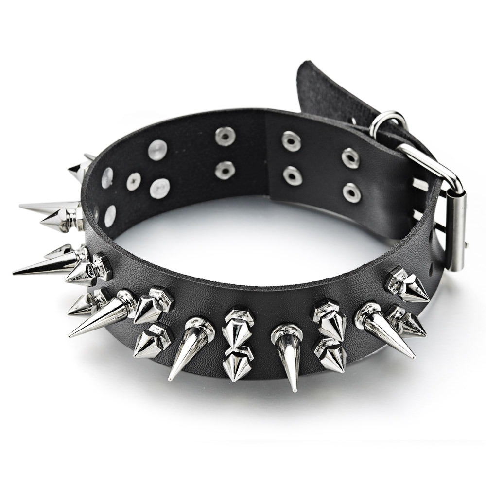 Black PU Leather Studded Choker Necklace / Spiked Gothic Collar