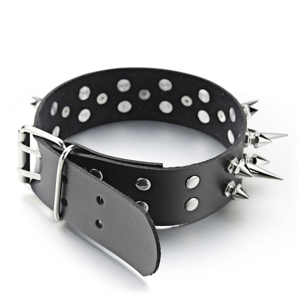 Black PU Leather Studded Choker Necklace / Spiked Gothic Collar