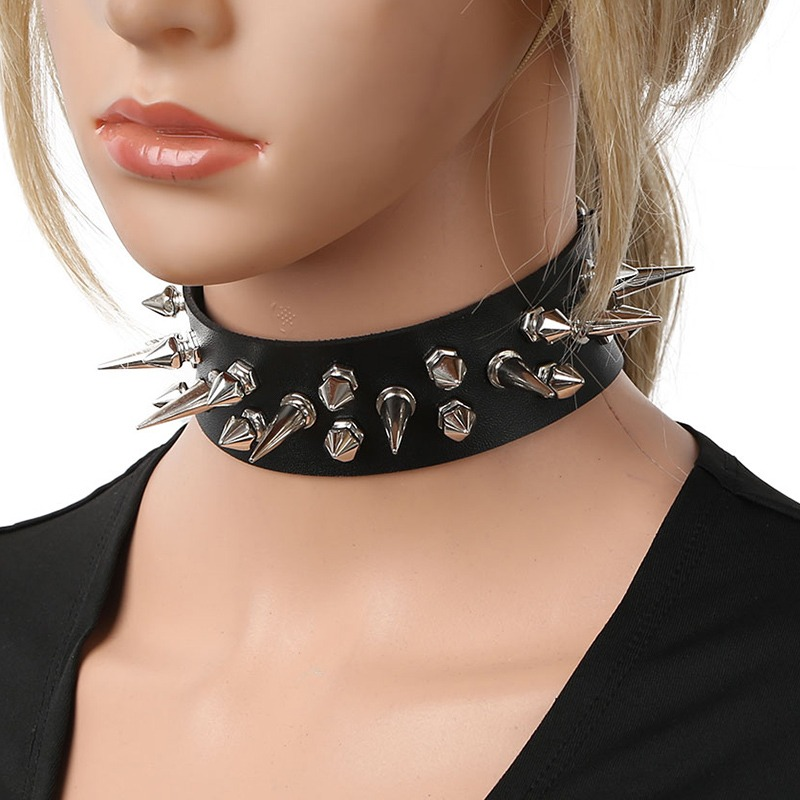Black PU Leather Studded Choker Necklace / Spiked Gothic Collar