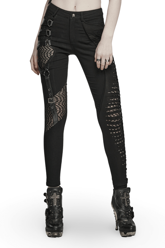 Black Punk Asymmetric Pants with Mesh Detailing