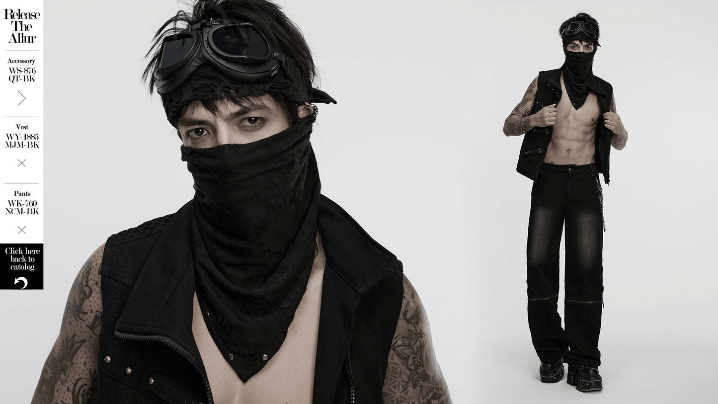 Black Punk Bandana with Studs and Tattered Knitted Fabric