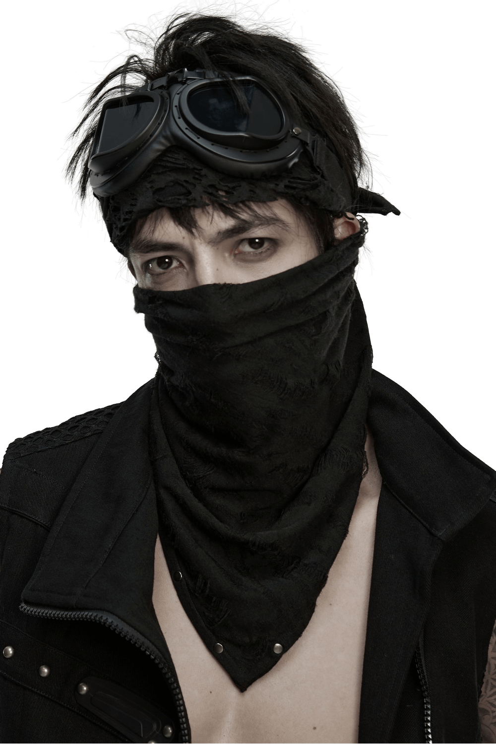 Black Punk Bandana with Studs and Tattered Knitted Fabric