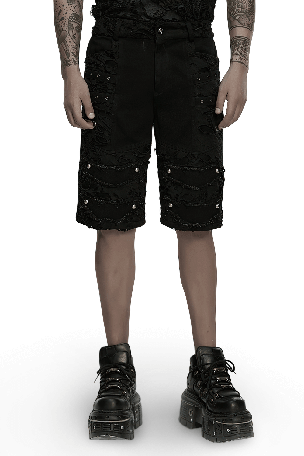 Black Punk Denim Shorts with Tattered Detail and Tassels