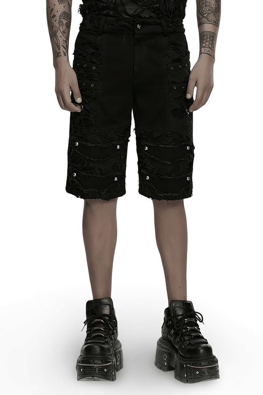Black Punk Denim Shorts with Tattered Detail and Tassels