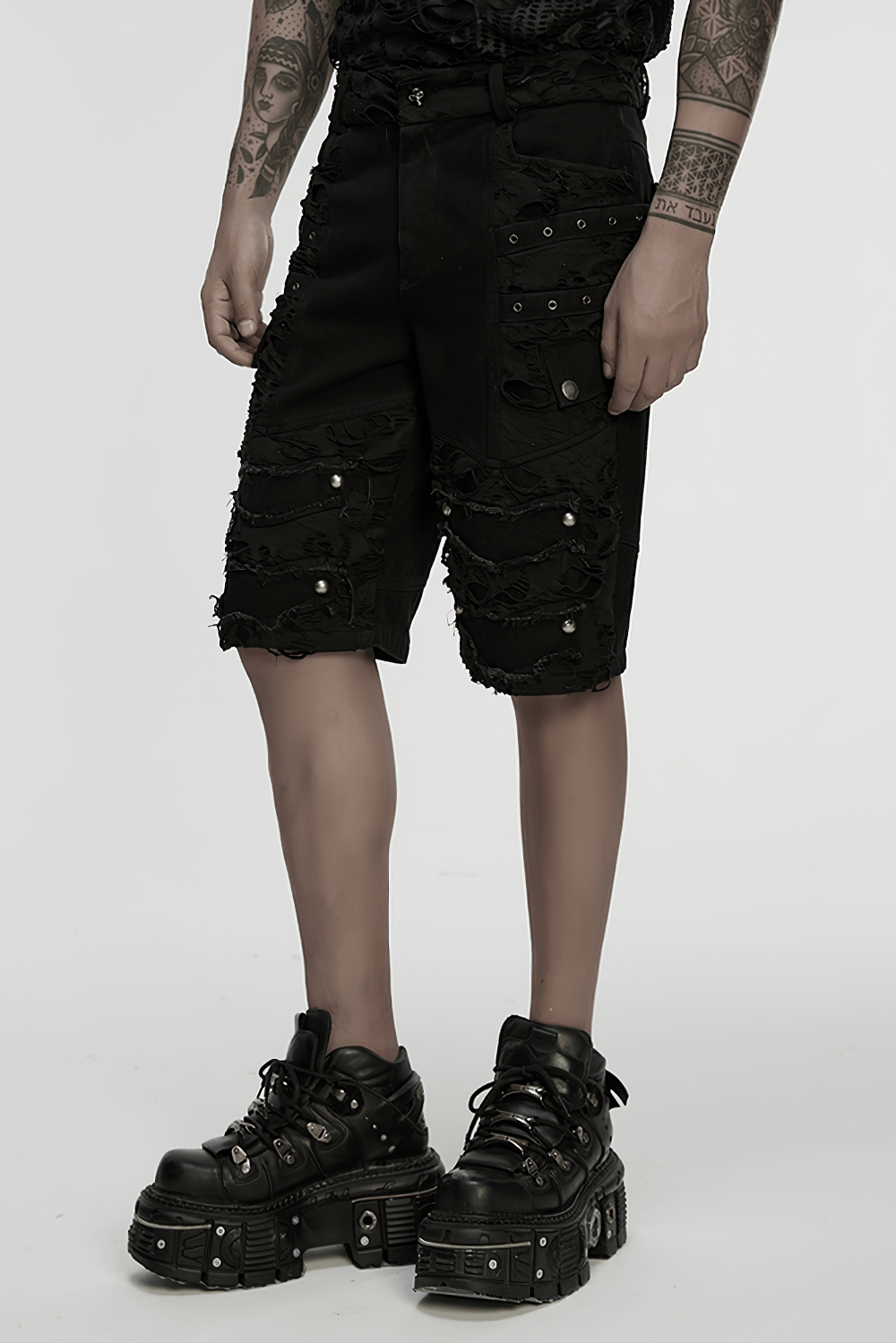 Black Punk Denim Shorts with Tattered Detail and Tassels