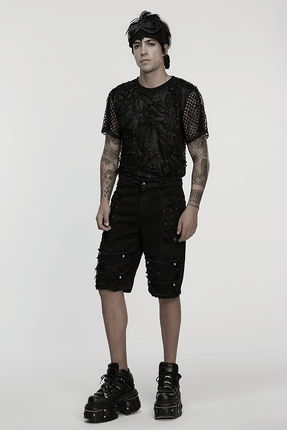 Black Punk Denim Shorts with Tattered Detail and Tassels