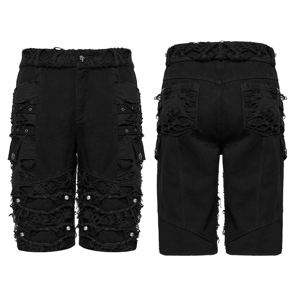 Black Punk Denim Shorts with Tattered Detail and Tassels