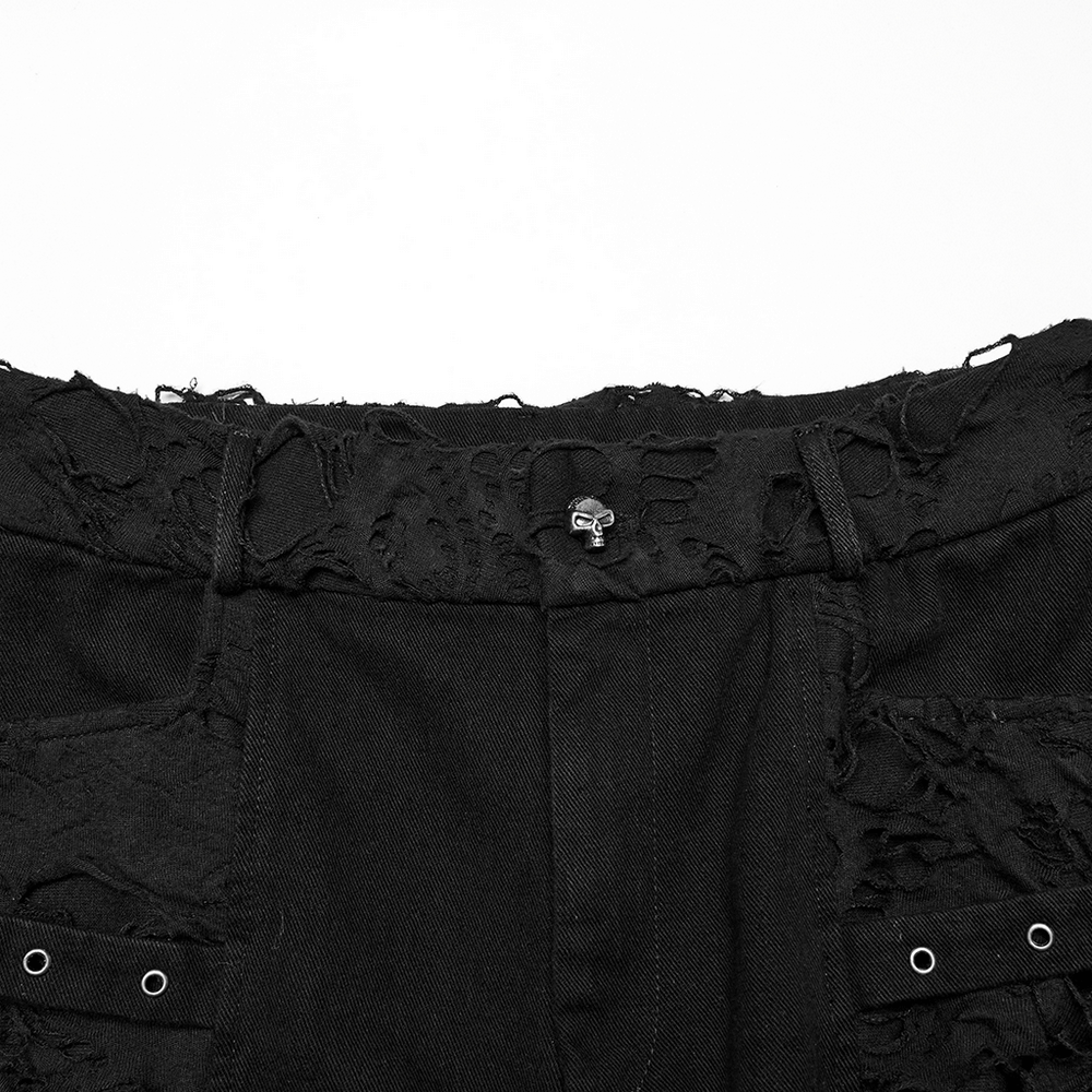 Black Punk Denim Shorts with Tattered Detail and Tassels