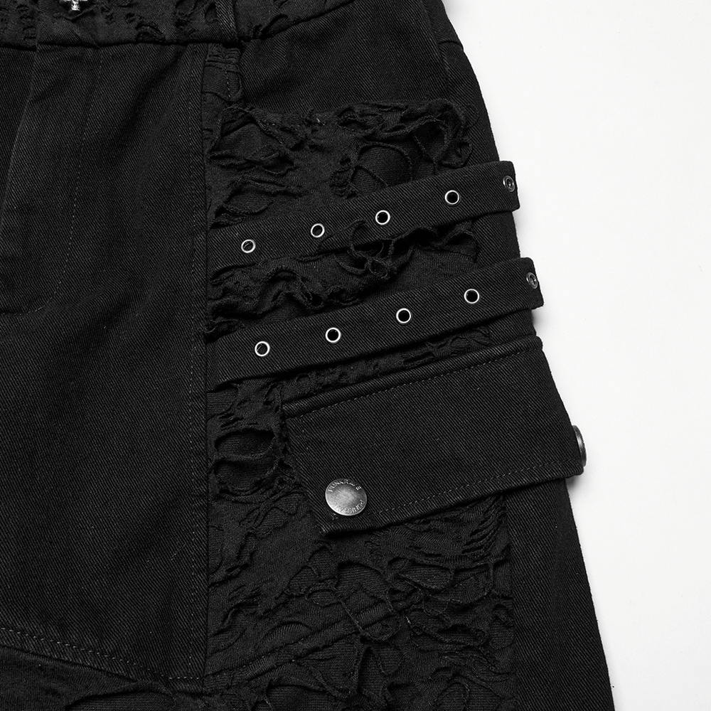 Black Punk Denim Shorts with Tattered Detail and Tassels