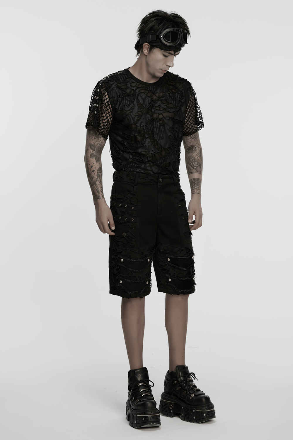 Black Punk Denim Shorts with Tattered Detail and Tassels