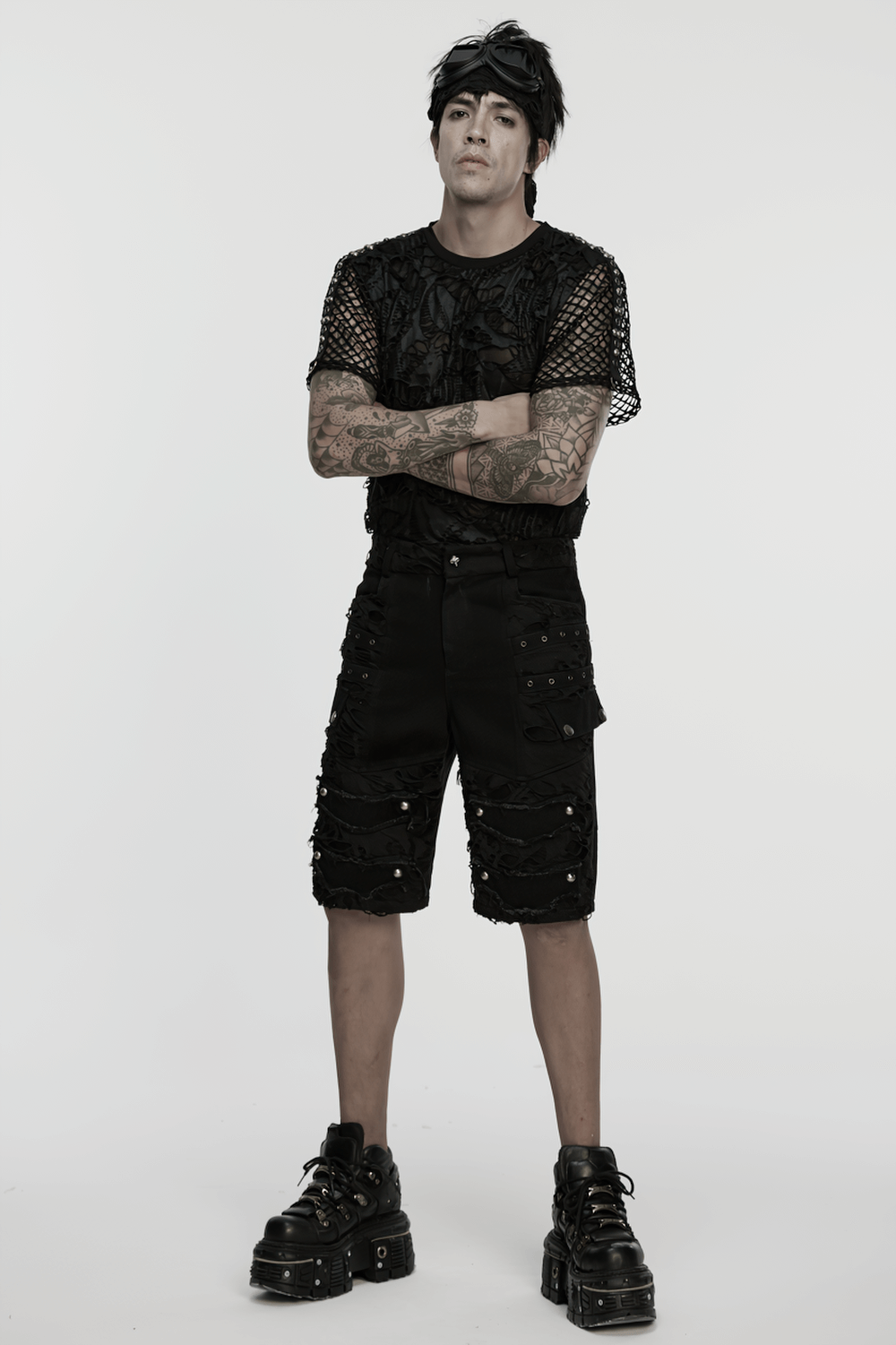 Black Punk Denim Shorts with Tattered Detail and Tassels