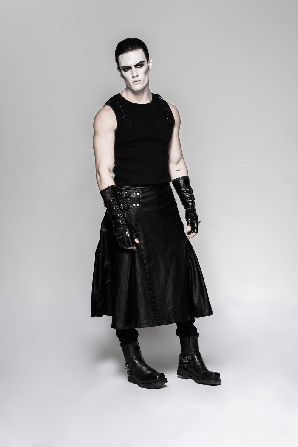 Black Punk Gauntlet Gloves with Spiked Joints and Mesh Accents