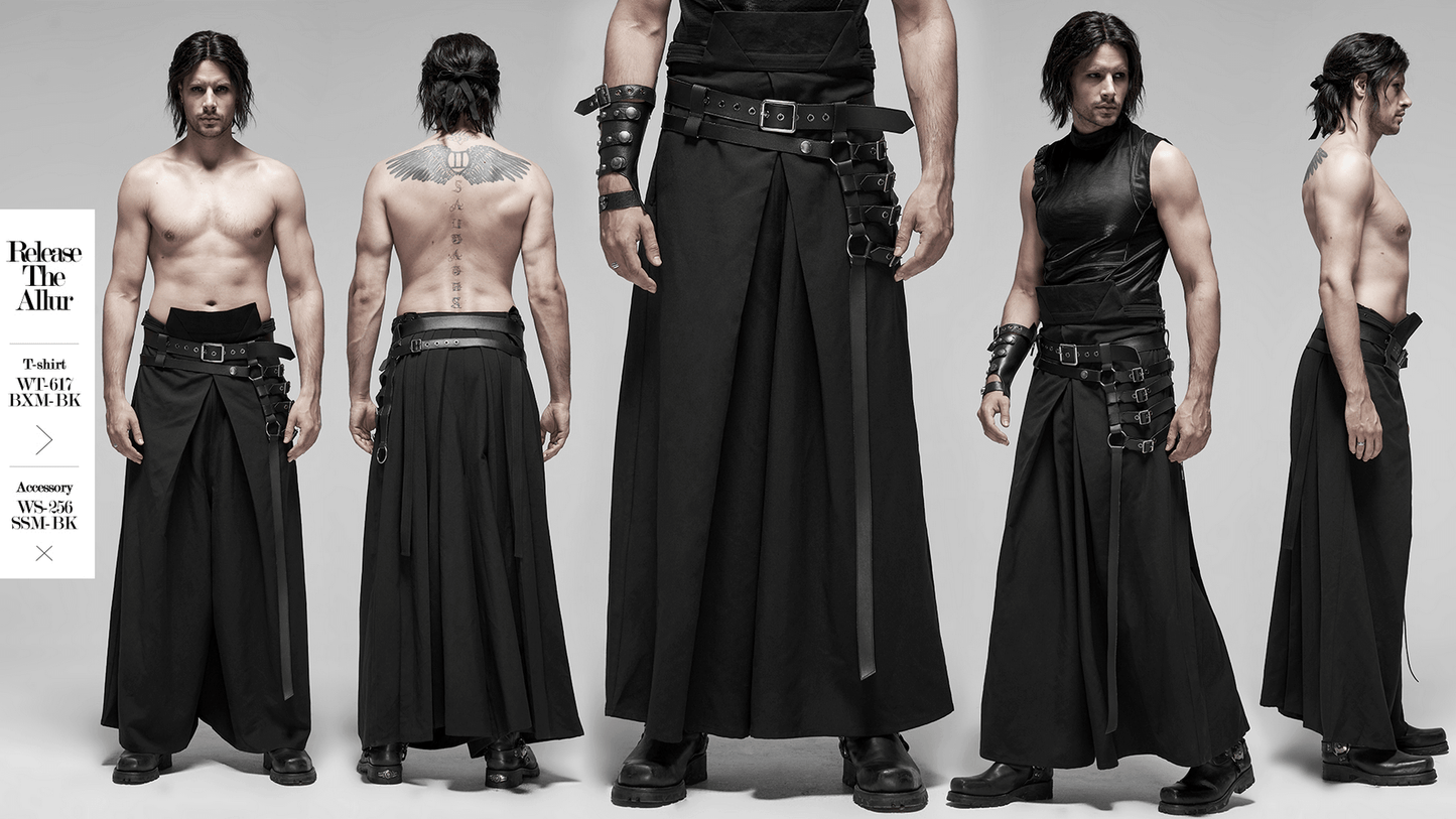 Black Punk Kimono Wide Leg Pants with Buckles