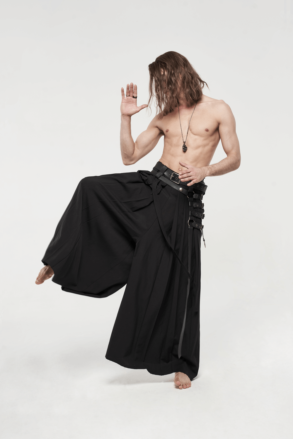 Black Punk Kimono Wide Leg Pants with Buckles