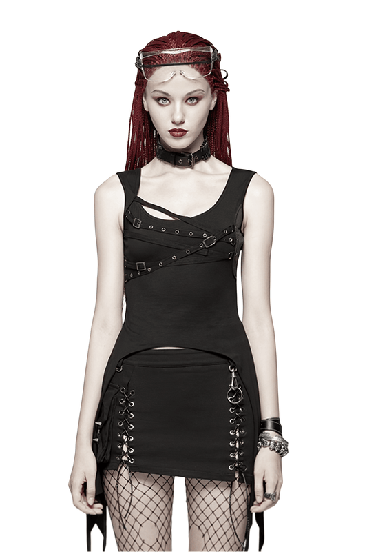 Black Punk Long Tank Top with Adjustable Straps