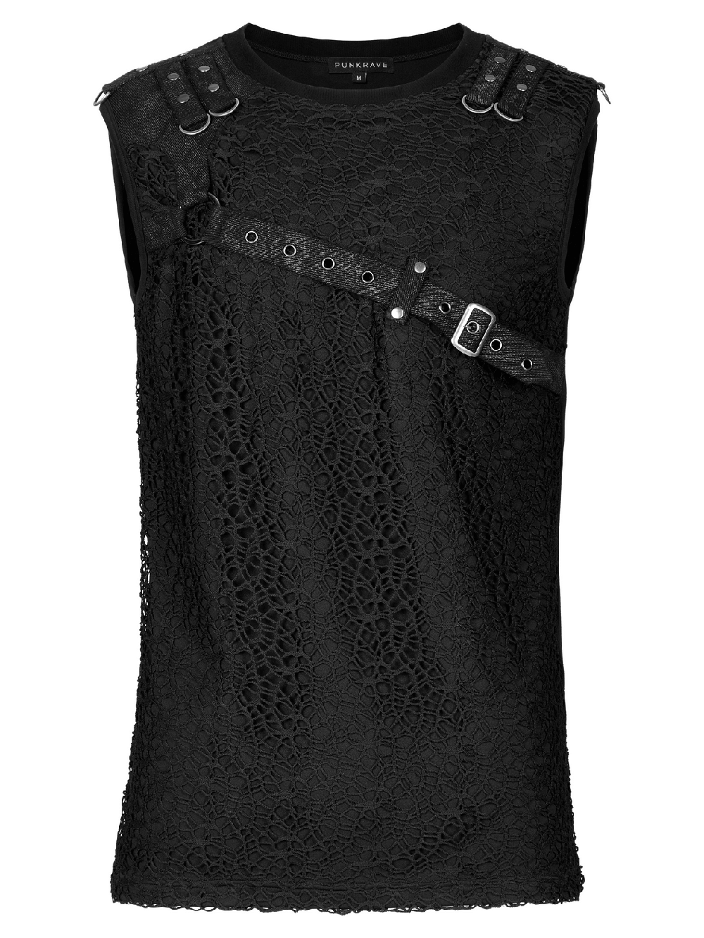 Black Punk Mesh Tank Top with Leather Accents