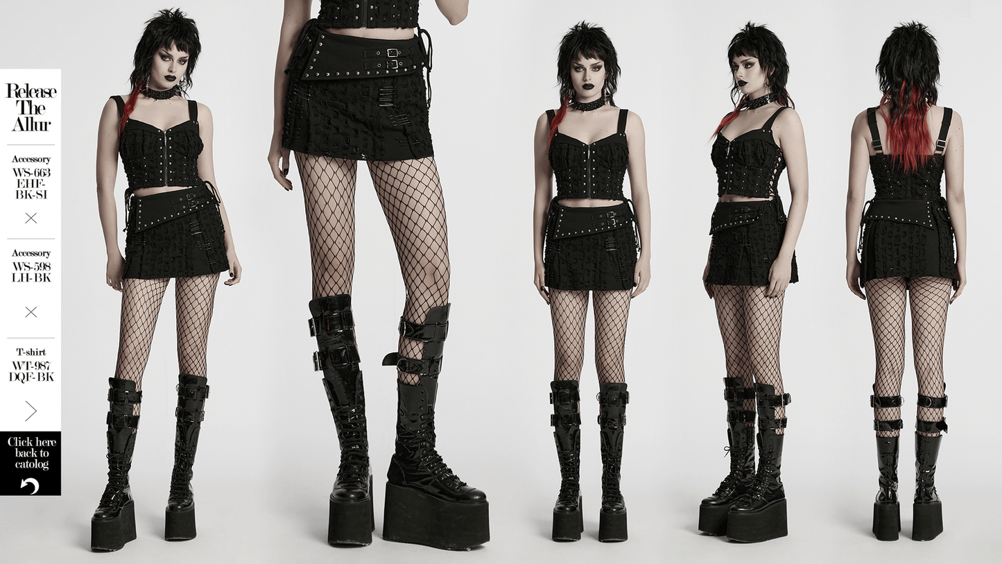 Black Punk Mini Skirt with Studs and Safety Pins