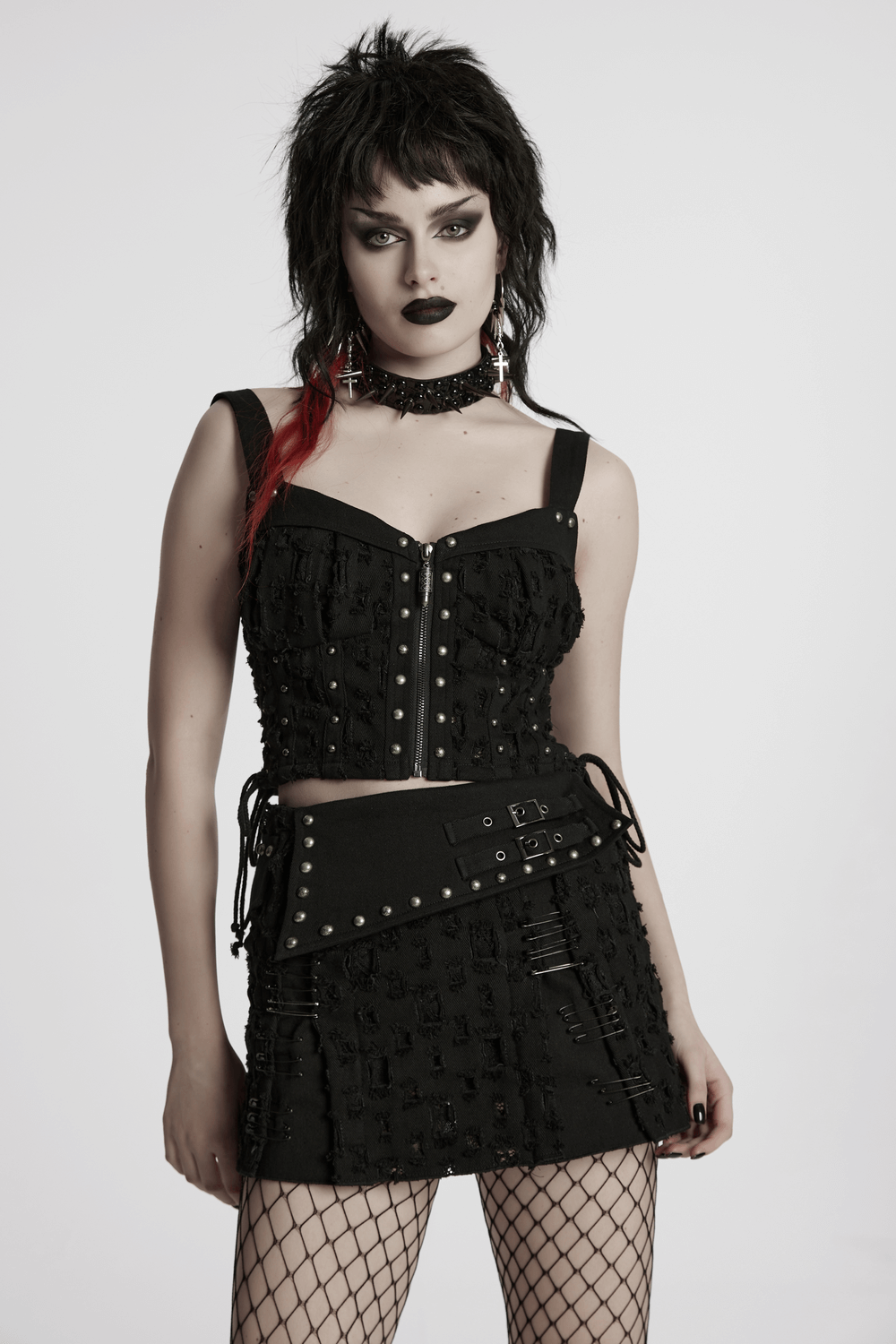 Black Punk Mini Skirt with Studs and Safety Pins