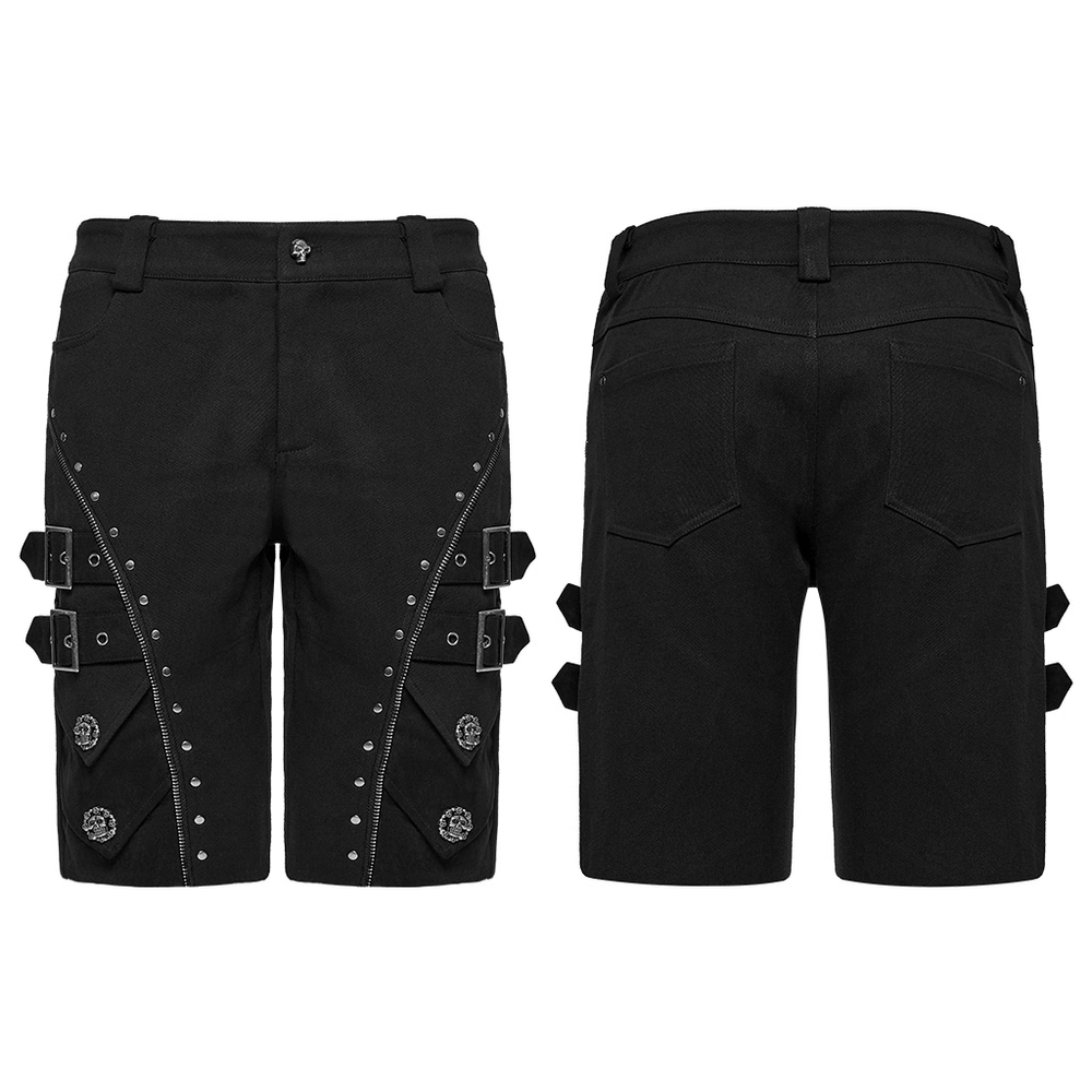 Black Punk Shorts with Armor Details and Skull Rivets