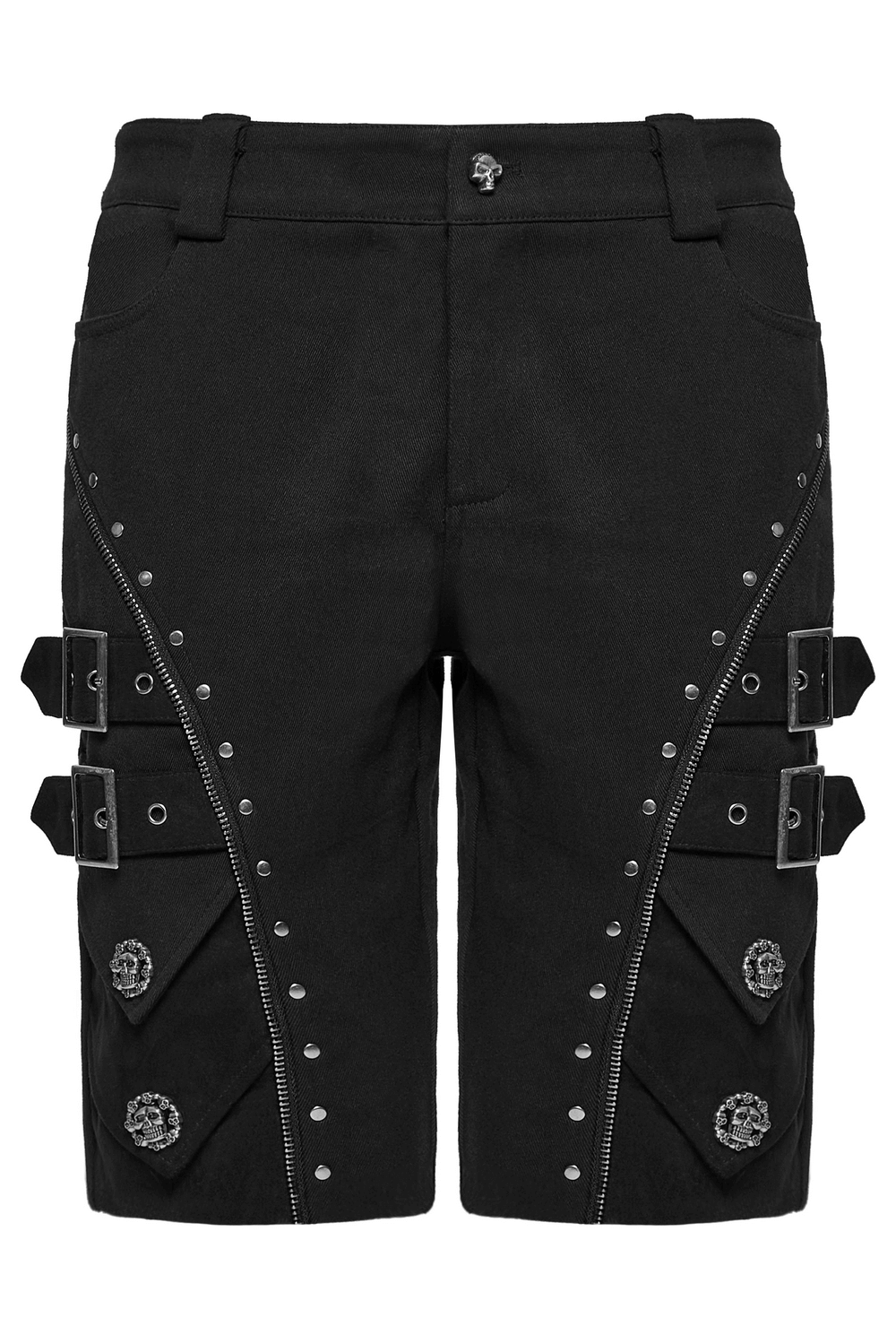 Black Punk Shorts with Armor Details and Skull Rivets