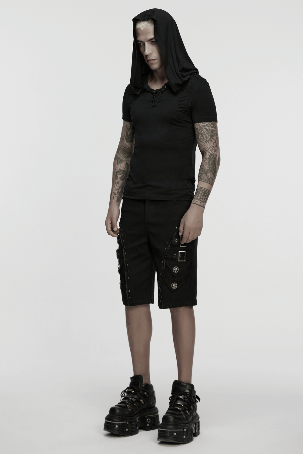 Black Punk Shorts with Armor Details and Skull Rivets