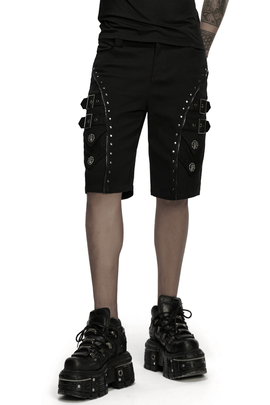 Black Punk Shorts with Armor Details and Skull Rivets