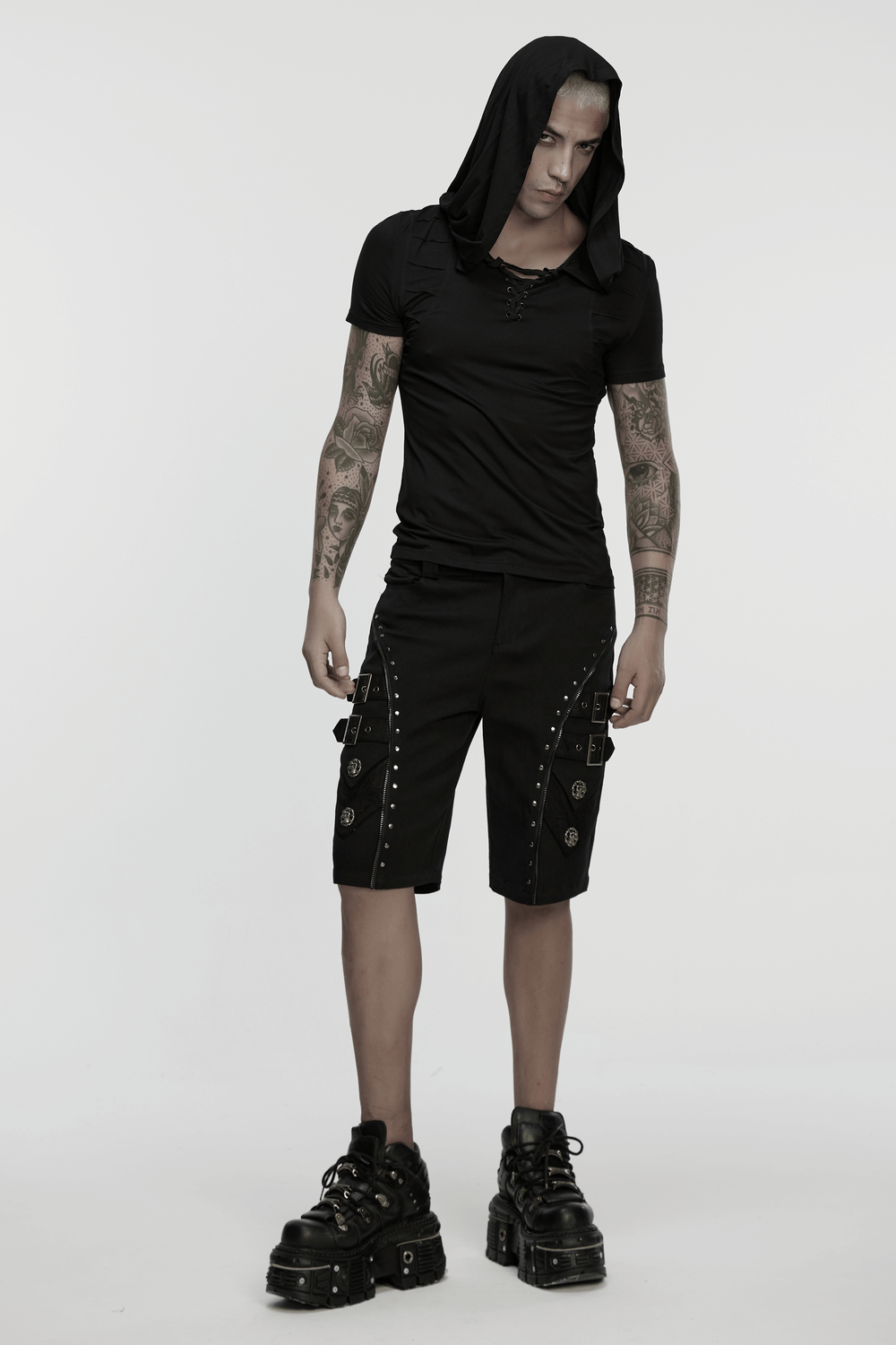 Black Punk Shorts with Armor Details and Skull Rivets