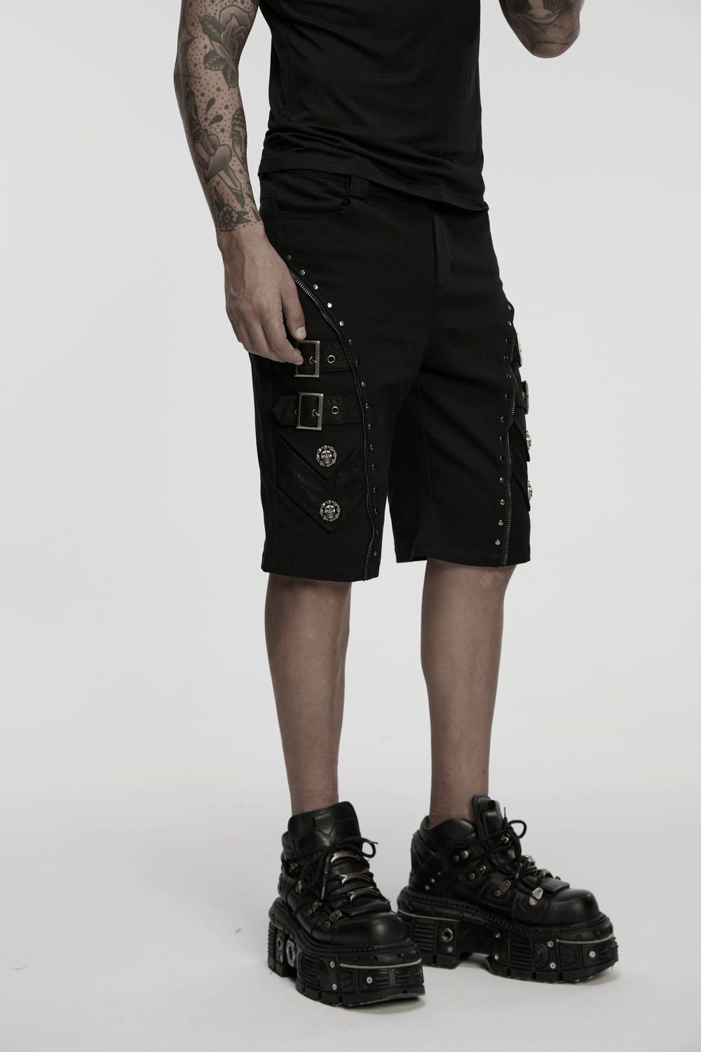 Black Punk Shorts with Armor Details and Skull Rivets