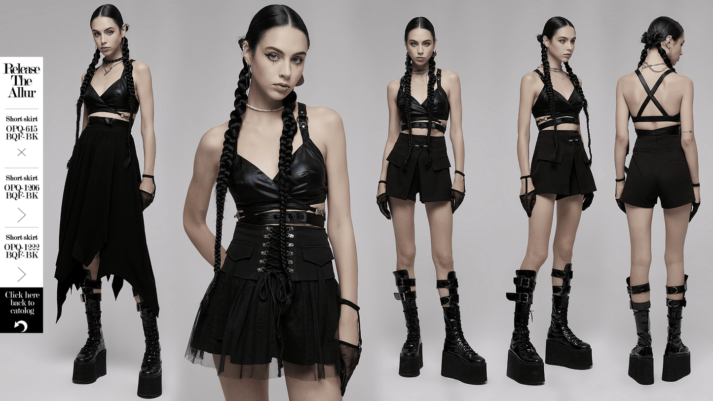 Black Punk Style Crop Top with Criss-Cross Back