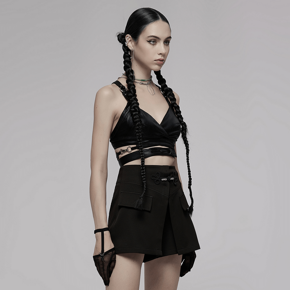 Black Punk Style Crop Top with Criss-Cross Back