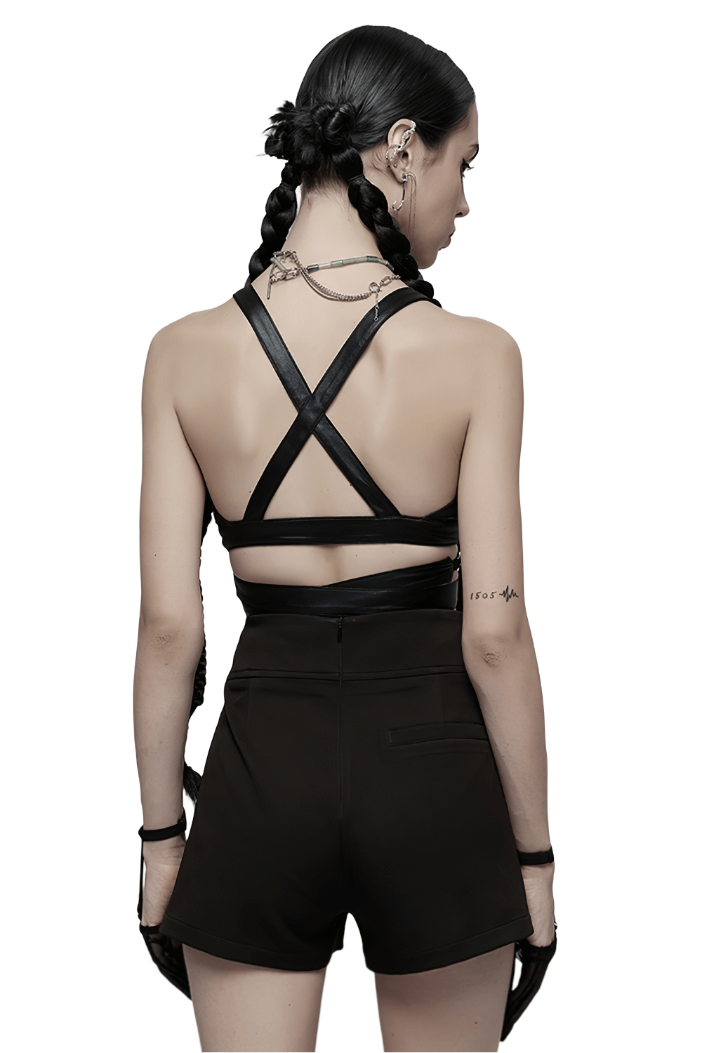 Black Punk Style Crop Top with Criss-Cross Back