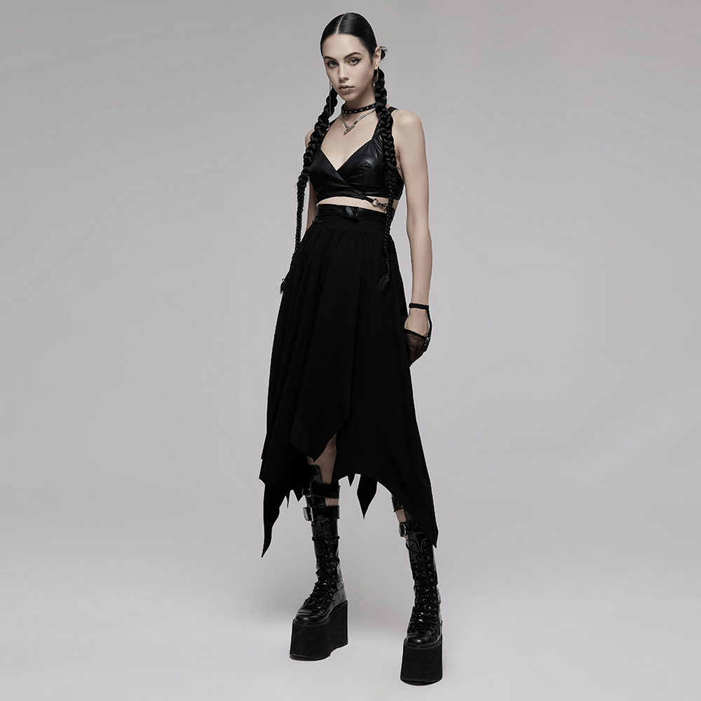 Black Punk Style Crop Top with Criss-Cross Back