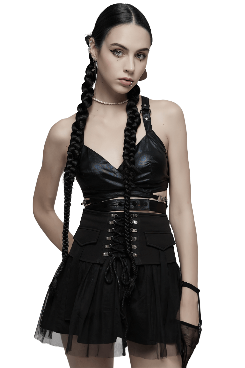 Black Punk Style Crop Top with Criss-Cross Back