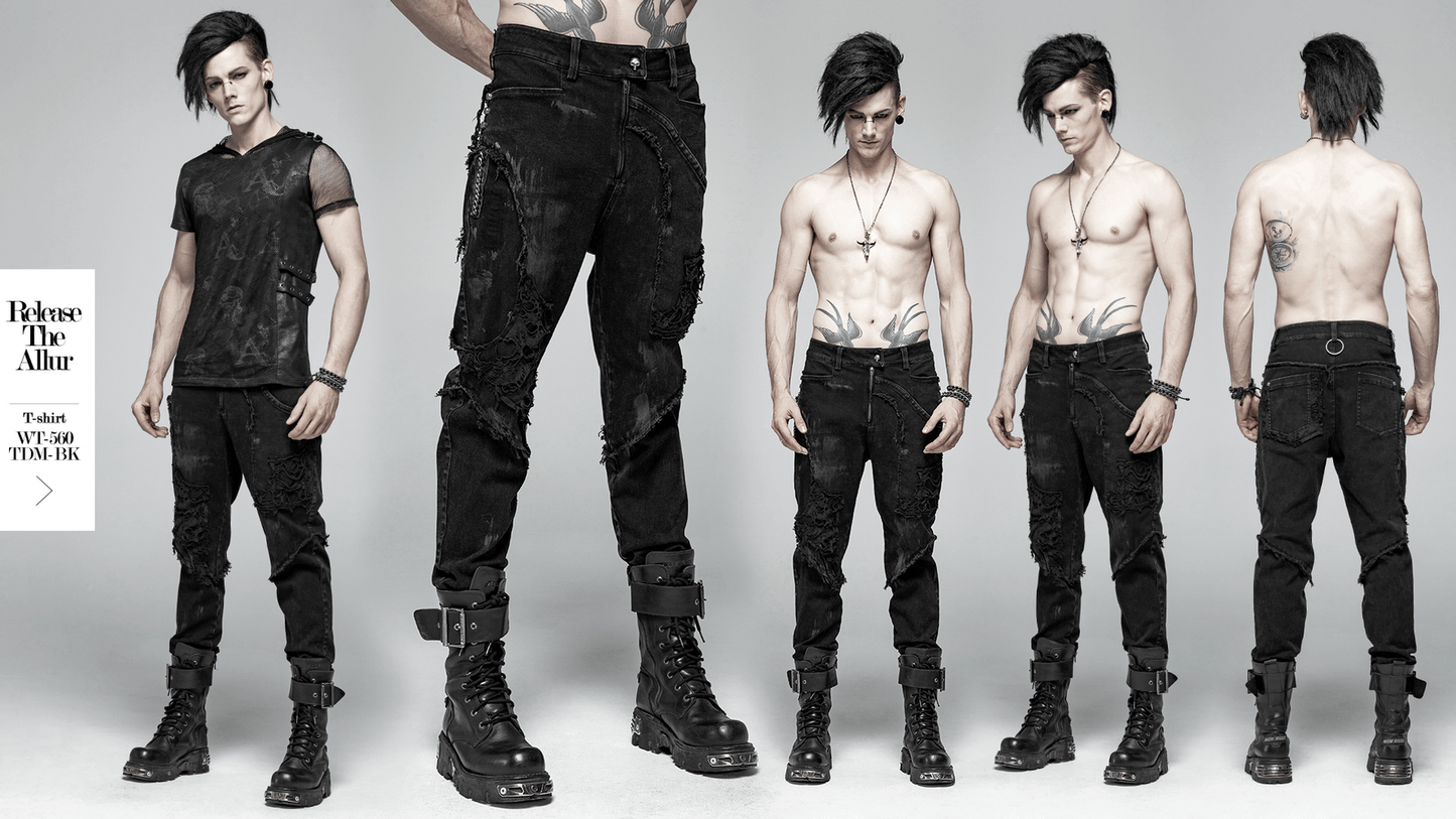 Black Punk-Style Ripped Jeans with Fishnet Layers