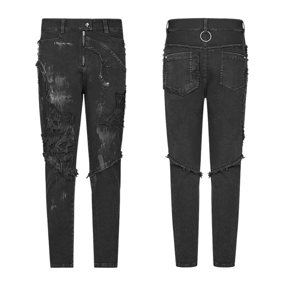 Black Punk-Style Ripped Jeans with Fishnet Layers