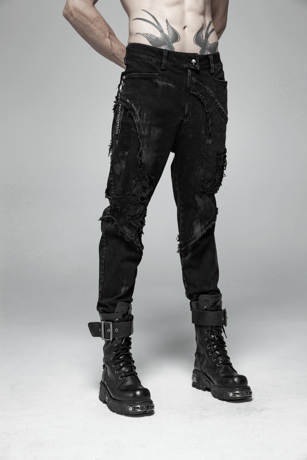 Black Punk-Style Ripped Jeans with Fishnet Layers