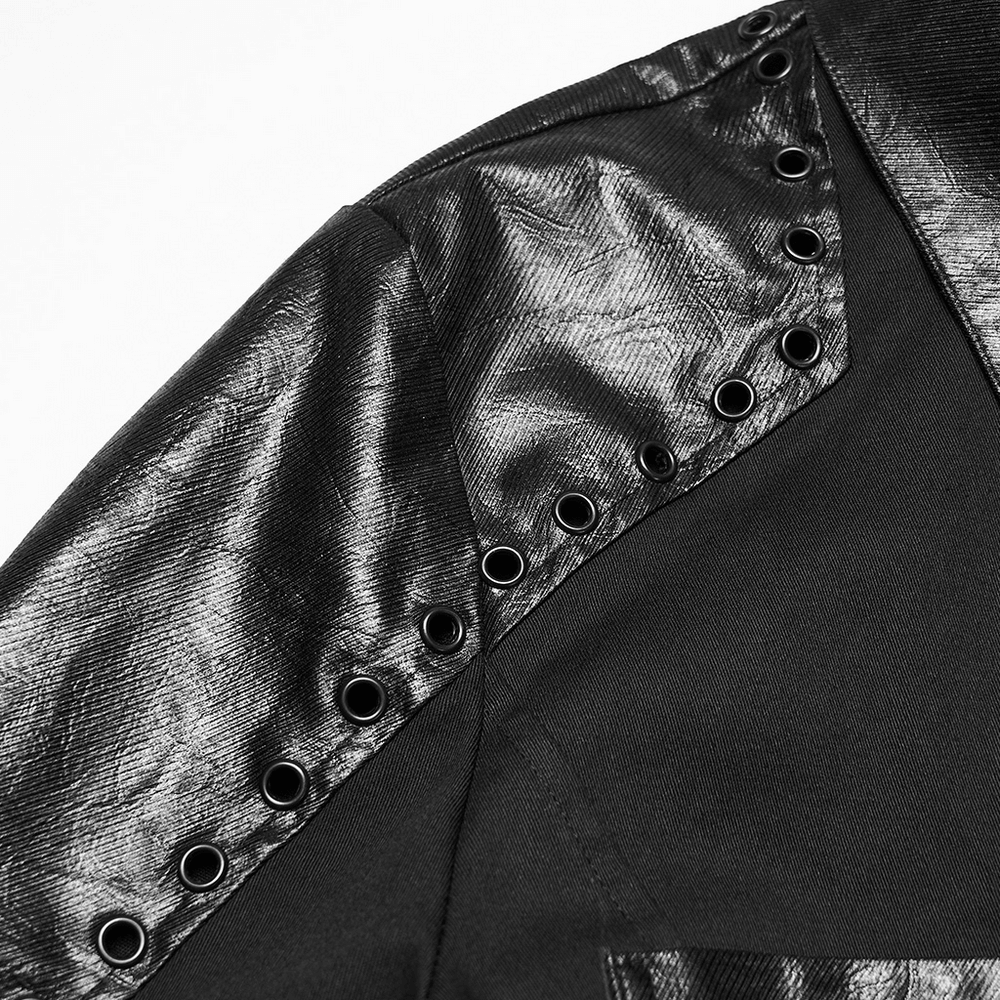 Black Punk Twill Shirt with Leather Panels and Stud Details