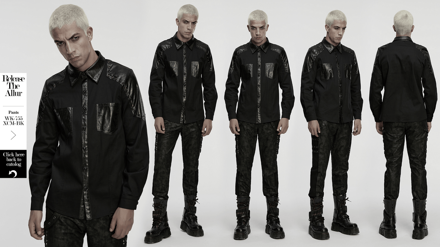 Black Punk Twill Shirt with Leather Panels and Stud Details