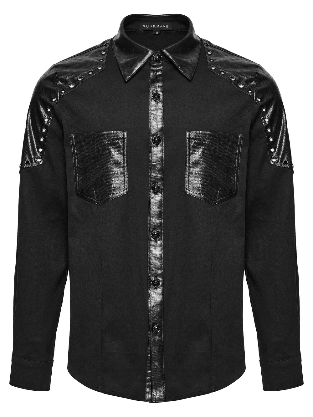 Black Punk Twill Shirt with Leather Panels and Stud Details
