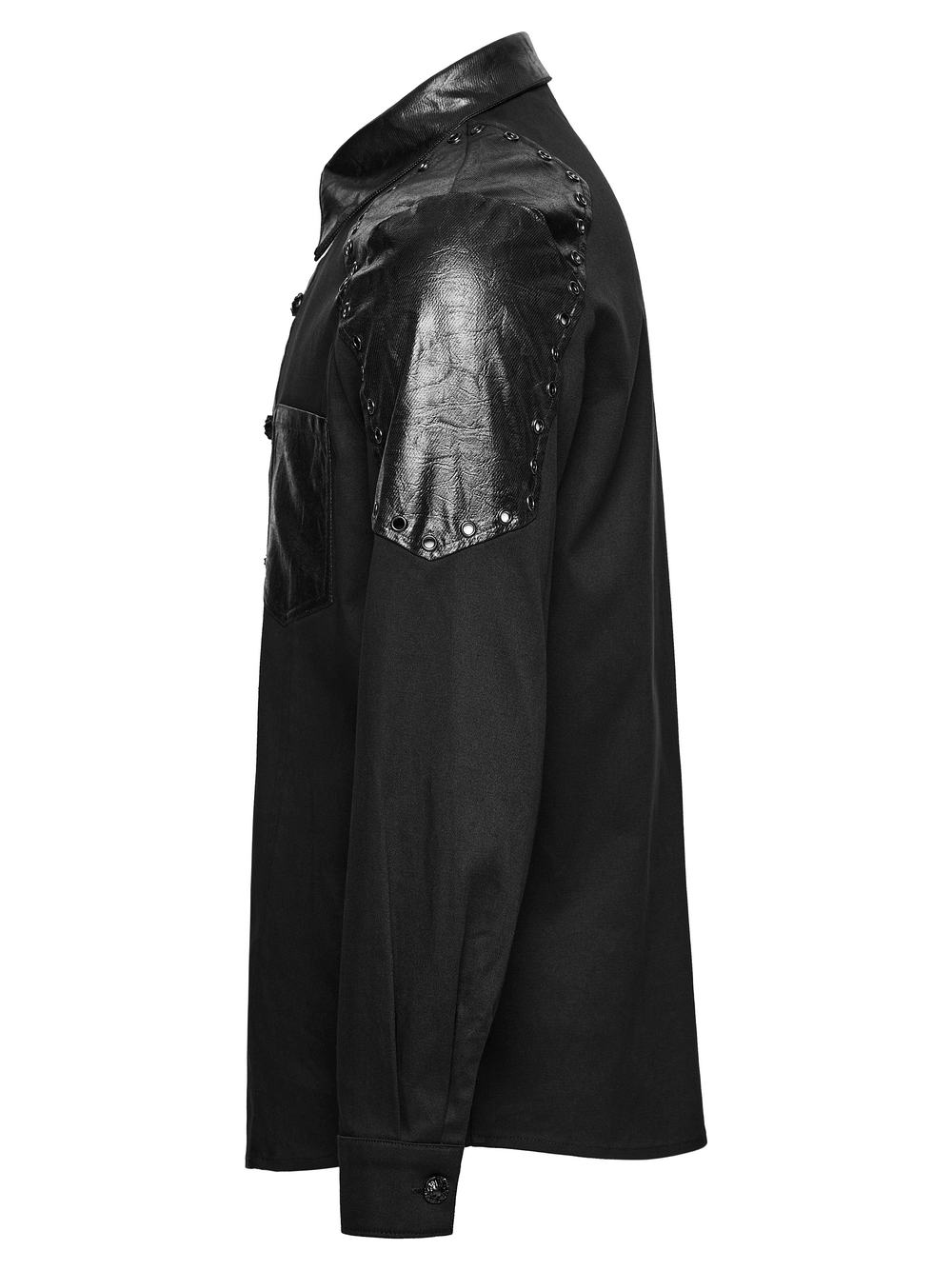 Black Punk Twill Shirt with Leather Panels and Stud Details