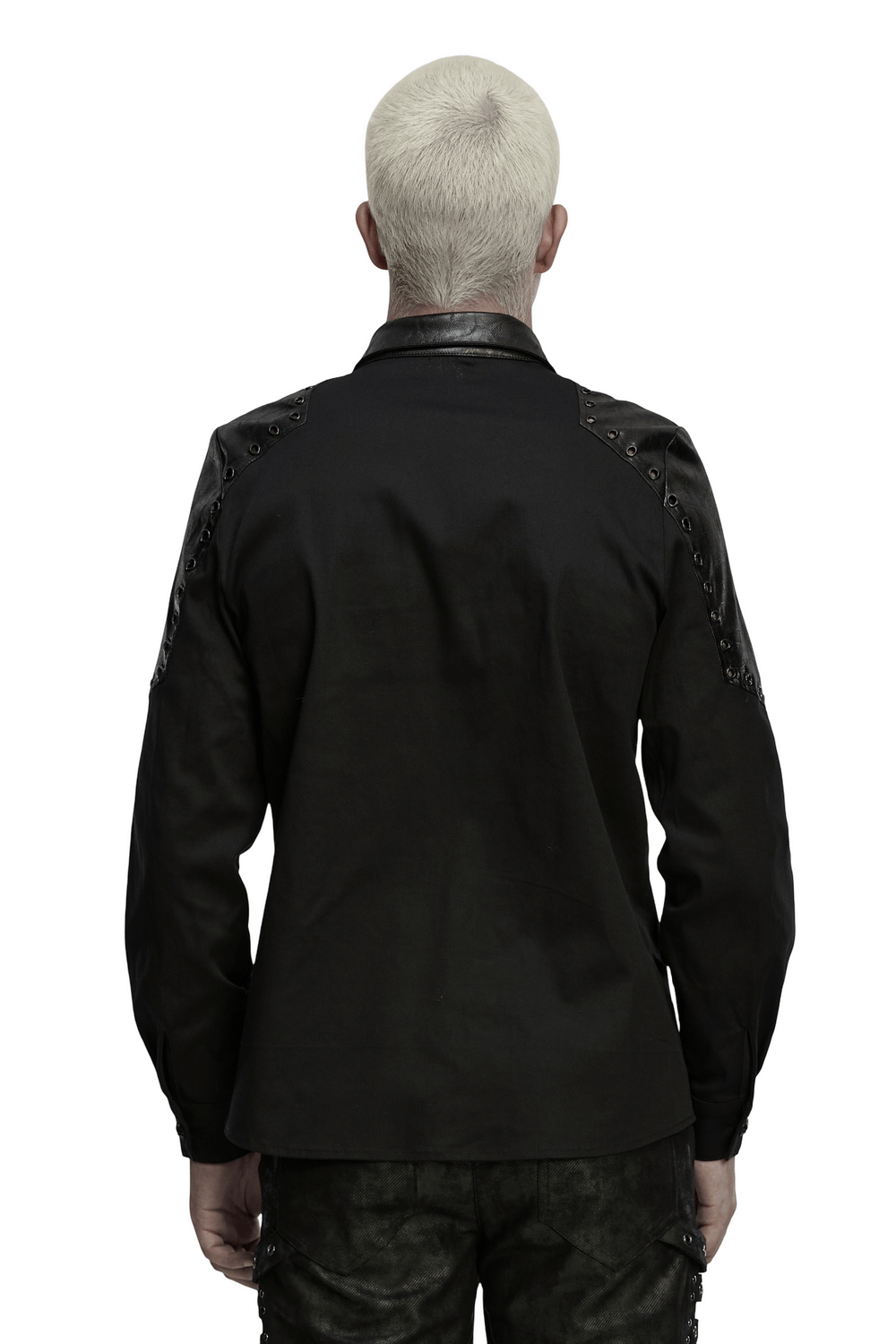 Black Punk Twill Shirt with Leather Panels and Stud Details
