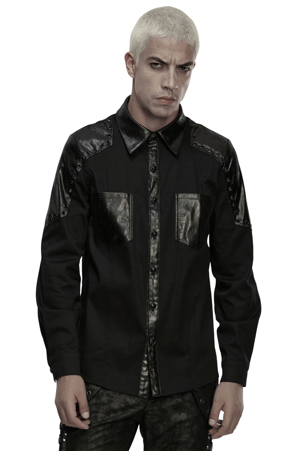 Black Punk Twill Shirt with Leather Panels and Stud Details