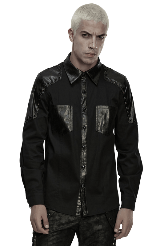 Black Punk Twill Shirt with Leather Panels and Stud Details