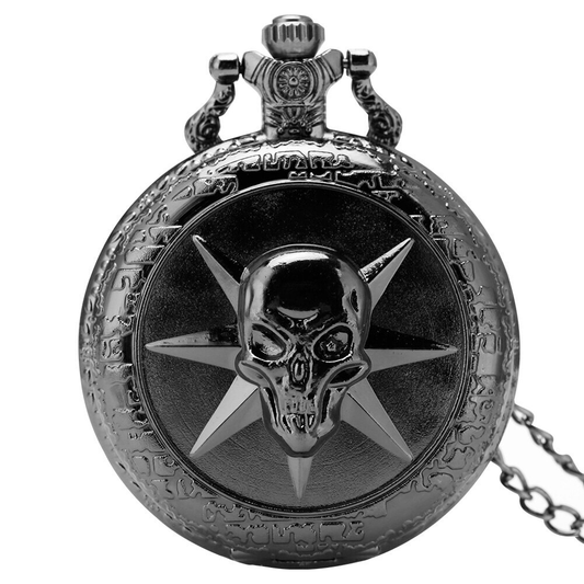 Black Quartz Pocket Chain Watch with Skull / Gothic Style Unisex Accessories