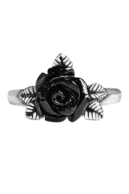 Black Resin Rose Gothic Ring with Pewter Leaves Accent