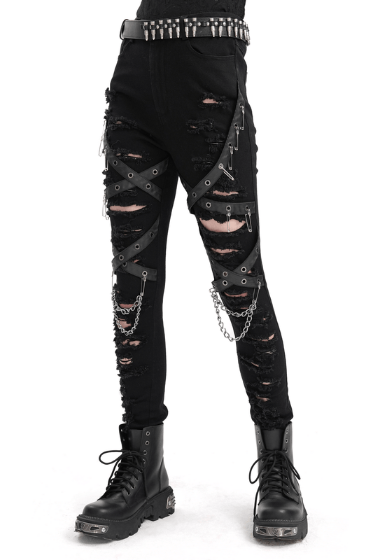 Black Ripped Skinny Jeans with Chains and Buckles