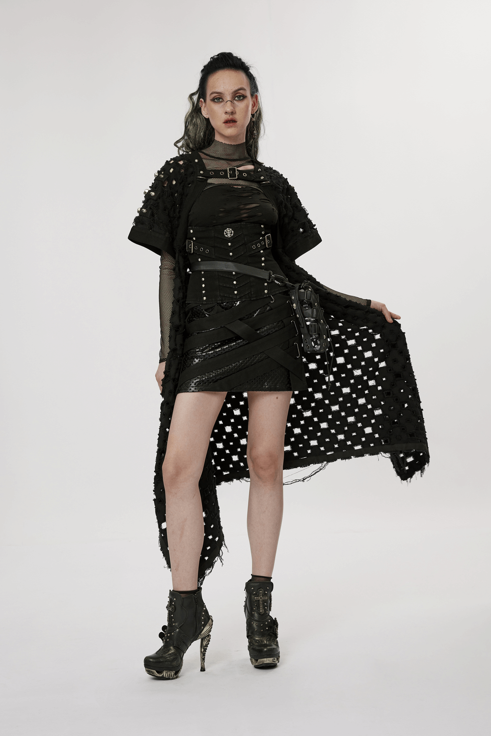 Black Ripped Twill Long Cardigan-Cape with Skull Rivets