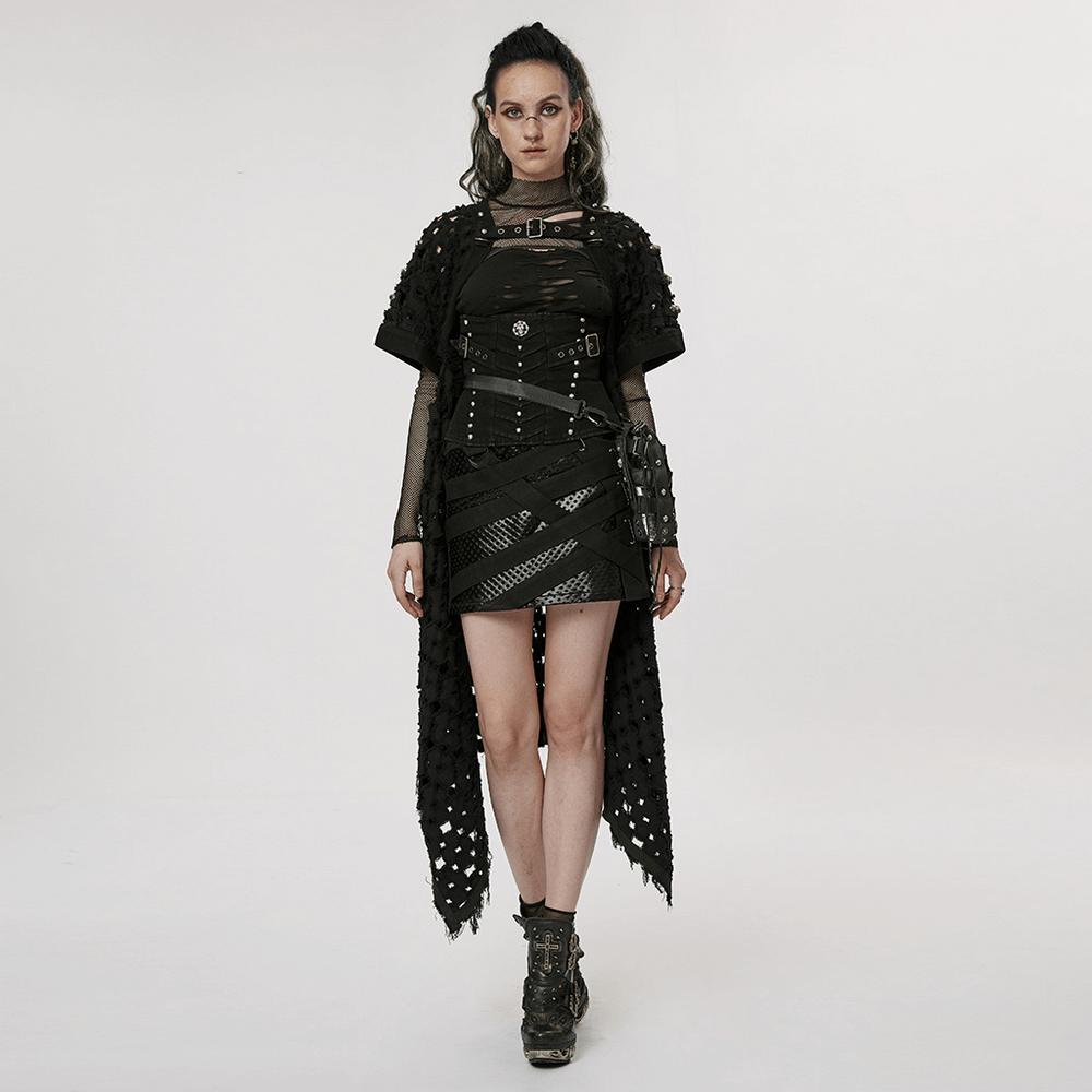 Black Ripped Twill Long Cardigan-Cape with Skull Rivets
