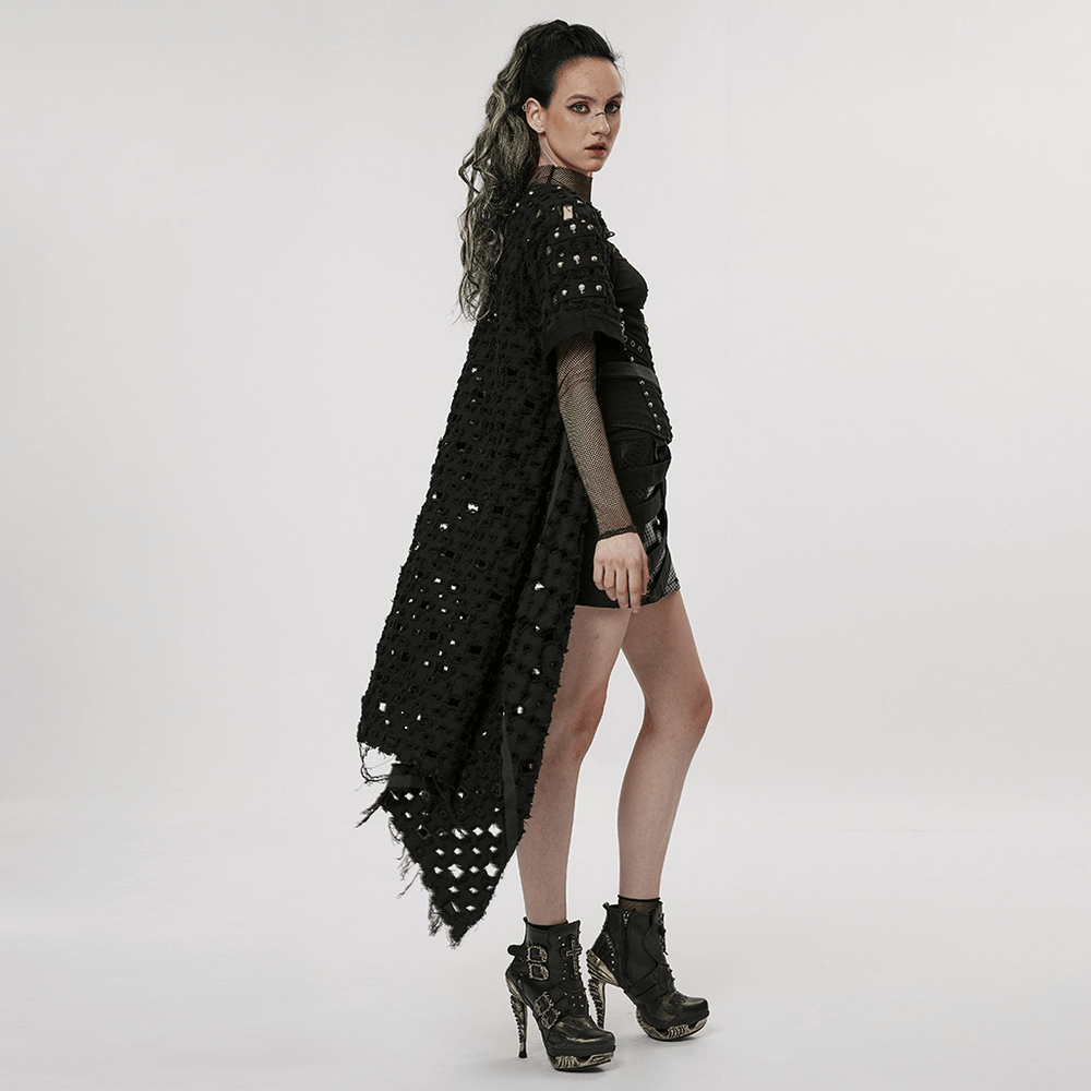 Black Ripped Twill Long Cardigan-Cape with Skull Rivets